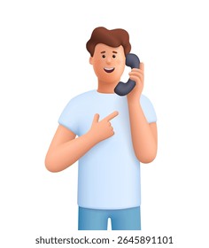 Jovem sorridente James segurando um receptor de telefone clássico no ouvido. Fale e ligue por telefone. Comunicação, conversa, conceito de suporte. personagem de pessoas vetoriais 3d. Estilo mínimo de desenho animado.