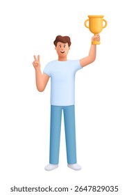Jovem sorridente James segurando um troféu de ouro bem alto e mostrando um sinal de paz. Conceito de vitória, competição e realização pessoal. personagem de pessoas vetoriais 3d. Estilo mínimo de desenho animado.