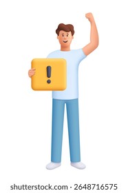 Jovem sorridente James segurando banner com ponto de exclamação. Protesto, atenção, conceito de aviso. personagem de pessoas vetoriais 3d. Estilo mínimo de desenho animado.