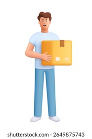 Young smiling man James holding cardboard parcel or package box. Delivery, shipping, logistics and shopping concept. 3d vector people character. Cartoon minimal style.