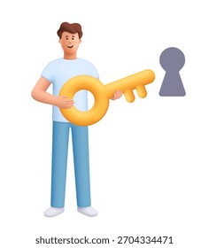 Young smiling man James holding golden big key next to keyhole. Unlock business accessibility, solution, security, safety, protection concept. 3d vector people character. Cartoon minimal style.