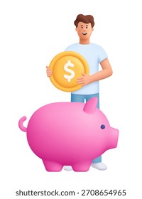 Hombre sonriente joven James sosteniendo la moneda de oro grande del dólar, de pie al lado de la gran hucha rosada. Finanzas personales, concepto de ahorro de dinero. Personaje de personas de Vector 3D. Estilo minimalista de dibujos animados.