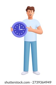 Young smiling man James holding a round clock and pointing at it. Punctuality, scheduling, reminders, time management and deadline concept. 3d vector people character. Cartoon minimal style.