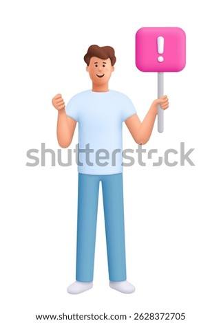 Young smiling man James holding placard or banner. Demonstration, protest, political announcement, struggle for rights concept. 3d vector people character. Cartoon minimal style.