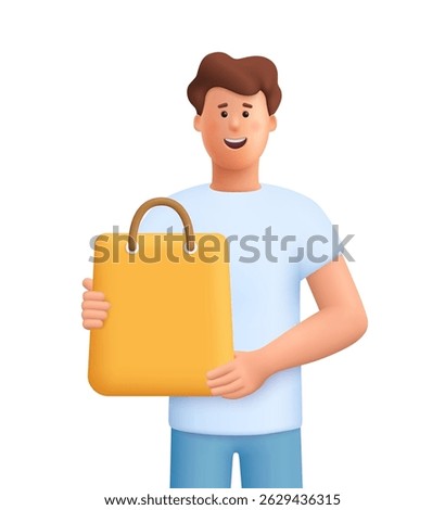 Young smiling man James holding shopping bag. Safe delivery of goods concept. 3d vector people character. Cartoon minimal style.