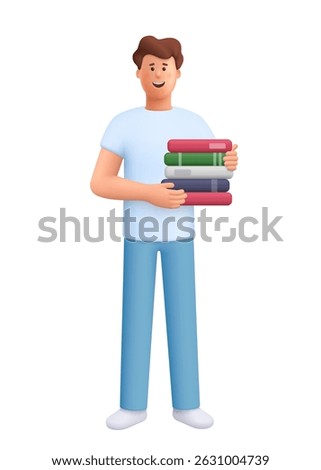 Young smiling man James holding book stack. Teacher, student or office worker. Education and knowledge concept. 3d vector people character. Cartoon minimal style.