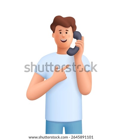 Young smiling man James holding a classic phone receiver to his ear. Talk and call by telephone. Communication, conversation, support concept. 3d vector people character. Cartoon minimal style.