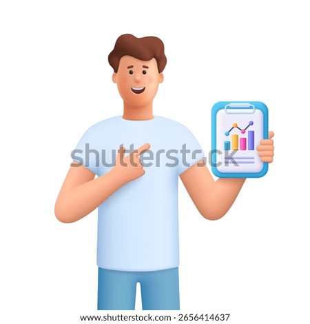Young smiling man James man holding a clipboard with graph chart. Business, finance, statistics concept. 3d vector people character. Cartoon minimal style.