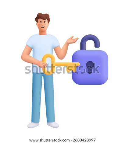 Young smiling man James holding golden key to unlock padlock. Unlock business accessibility, success, solutions. Security, safety, protection concept. 3d vector people character. Cartoon minimal style