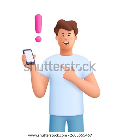 Young smiling man James holding smartphone and pointing to exclamation mark. Notification, warning, important message and app update concept. 3d vector people character. Cartoon minimal style.