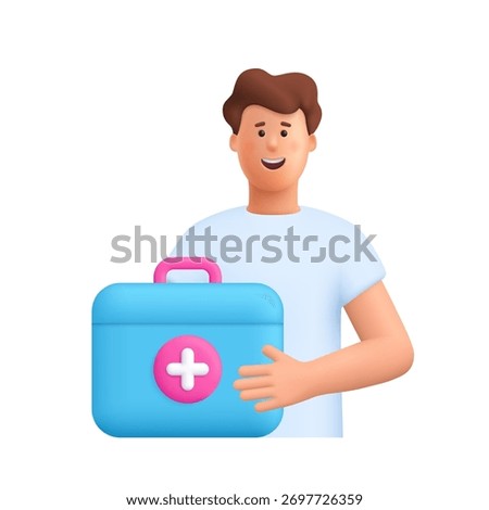 Young smiling man James holding first aid kit or ambulance emergency box. Healthcare, medicine, emergency support and medical assistance  concept. 3d vector people character. Cartoon minimal style.