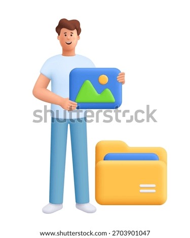 Young smiling man James holding picture image icon in front of large yellow folder. File storage, digital media management, digital content concept. 3d vector people character. Cartoon minimal style.