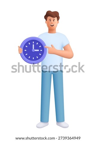 Young smiling man James holding a round clock and pointing at it. Punctuality, scheduling, reminders, time management and deadline concept. 3d vector people character. Cartoon minimal style.