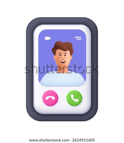Young smiling man James makes a video call on a smartphone. Video call interface, communication and mobile technology concept. 3d vector people character. Cartoon minimal style.
