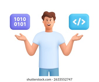 Young smiling man James pointing to programming code and binary code symbol. Web development, programming language and coding concept. 3d vector people character. Cartoon minimal style.
