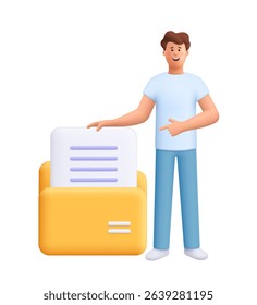 Young smiling man James pointing at huge folder with document file. Business, office concept. 3d vector people character. Cartoon minimal style.