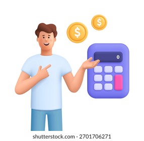 Jovem sorridente James apontando para grande calculadora e moedas de ouro. Conceito de planejamento de negócios, finanças, contabilidade, impostos e orçamento. ilustração de caracteres de pessoas vetoriais 3d. Estilo mínimo de desenho animado.