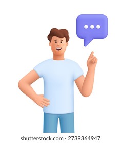 Young smiling man James pointing upward with one finger at a speech bubble. Communication, customer support, messaging and chat concept. 3d vector people character. Cartoon minimal style.