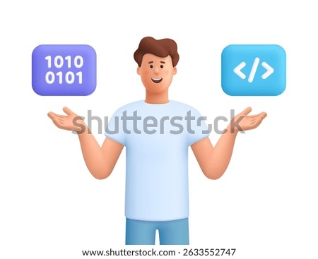 Young smiling man James pointing to programming code and binary code symbol. Web development, programming language and coding concept. 3d vector people character. Cartoon minimal style.