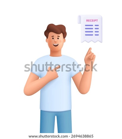 Young smiling man James pointing at cash receipt. Shopping, online purchase, financial bill, banking and payment transaction concept. 3d vector people character. Cartoon minimal style.