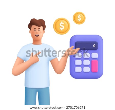 Young smiling man James pointing at big calculator and golden coins. Business, finance, accounting, tax and budget planning concept. 3d vector people character illustration. Cartoon minimal style.