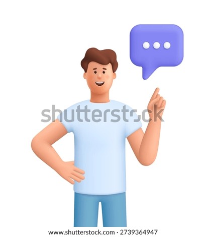 Young smiling man James pointing upward with one finger at a speech bubble. Communication, customer support, messaging and chat concept. 3d vector people character. Cartoon minimal style.