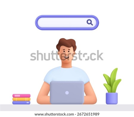 Young smiling man James searching browsing internet with search bar at a laptop. Online search, seo, online surfing, browsing concept. 3d vector people character. Cartoon minimal style.