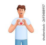 Young smiling man James showing  making heart shape gesture with small red heart in the center. Social media, charity, support, love concept. 3d vector people character. Cartoon minimal style.