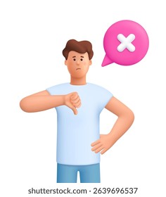 Young smiling man James showing a thumbs-down gesture near speech bubble with cross sign. Communication, dislike, disagreement. 3d vector people character. Cartoon minimal style.