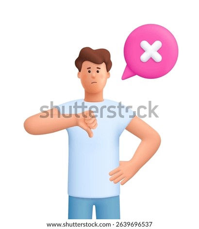 Young smiling man James showing a thumbs-down gesture near speech bubble with cross sign. Communication, dislike, disagreement. 3d vector people character. Cartoon minimal style.