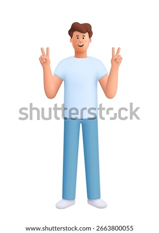 Young smiling man James showing peace victory signs with both hands. 3d vector people character. Cartoon minimal style.