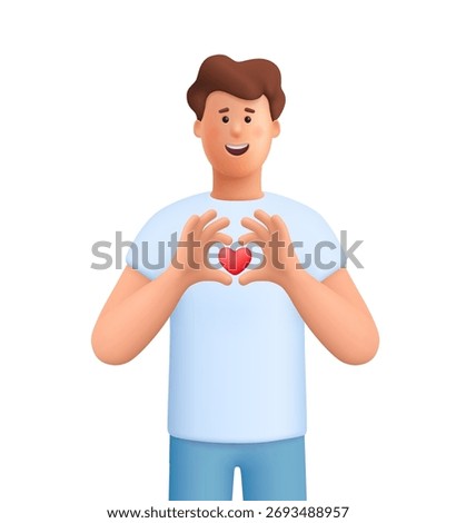 Young smiling man James showing  making heart shape gesture with small red heart in the center. Social media, charity, support, love concept. 3d vector people character. Cartoon minimal style.