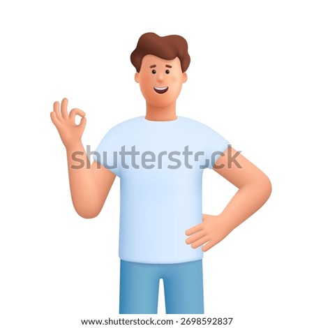 Young smiling man James showing OK hand gesture. Business, communication and positive gesture concept. 3d vector people character. Cartoon minimal style.