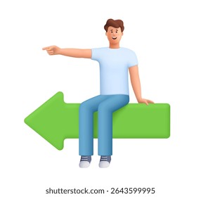 Young smiling man James sitting on a large green arrow signboard and pointing left direction. Business decision, work direction and leadership. 3d vector people character. Cartoon minimal style.
