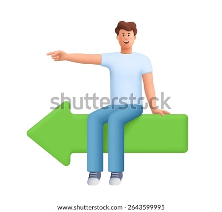 Young smiling man James sitting on a large green arrow signboard and pointing left direction. Business decision, work direction and leadership. 3d vector people character. Cartoon minimal style.