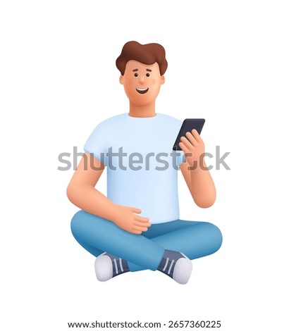 Young smiling man James sitting cross legged and holding smartphone. Communication, mobile technology, digital lifestyle concept. 3d vector people character. Cartoon minimal style.
