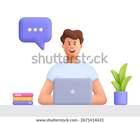 Young smiling man James sitting at desk with laptop, chatting online. Business, communication, remote work, education and social media concept. 3d vector people character. Cartoon minimal style.