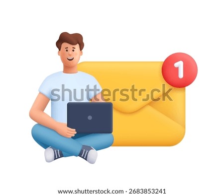 Young smiling man James sitting with crossed legs, holding laptop, next to large envelope with notification. Sending or receiving new email, message. 3d vector people character. Cartoon minimal style.