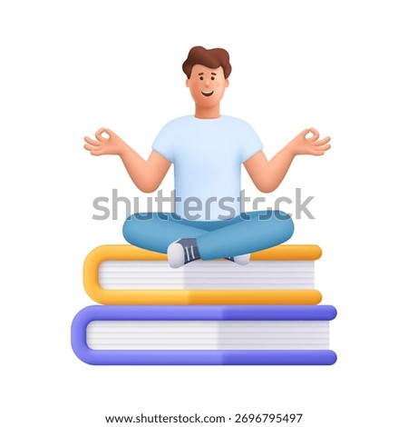 Young smiling man James sitting cross legged on stack of books in a meditation pose. Education, literature, mindfulness and knowledge concept. 3d vector people character. Cartoon minimal style.