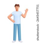 Young smiling man James standing with greeting waving gesture and with hands on her hips. 3d vector people character. Cartoon minimal style.