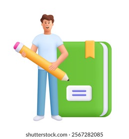 Young smiling man James standing near huge book and holding pen. 
Education, study, knowledge , examination, homework  concept. 3d vector people character. Cartoon minimal style.