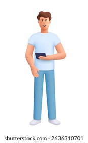Young smiling man James standing and holding smartphone. 3d vector people character. Cartoon minimal style.