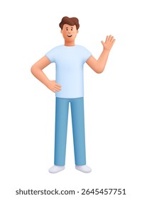 Young smiling man James standing with greeting waving gesture and with hands on her hips. 3d vector people character. Cartoon minimal style.