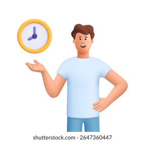 Jovem homem sorridente James de pé com a mão no quadril e mostrando um relógio. Gerenciamento de tempo, produtividade, programação e conceito de pontualidade. personagem de pessoas vetoriais 3d. Estilo mínimo de desenho animado.