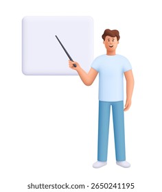 Young smiling man James standing next to a blank whiteboard and holding a pointer stick. Education, presentation, teaching concept. 3d vector people character. Cartoon minimal style.