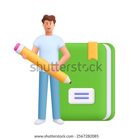 Young smiling man James standing near huge book and holding pen. Education, study, knowledge , examination, homework  concept. 3d vector people character. Cartoon minimal style.