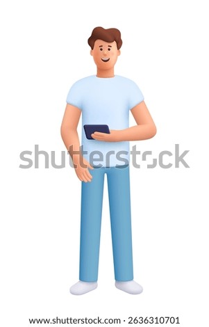 Young smiling man James standing and holding smartphone. 3d vector people character. Cartoon minimal style.