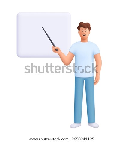 Young smiling man James standing next to a blank whiteboard and holding a pointer stick. Education, presentation, teaching concept. 3d vector people character. Cartoon minimal style.
