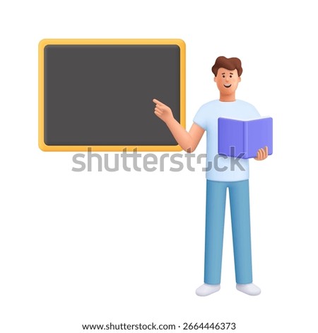 Young smiling man James standing next to a chalkboard, holding open book and pointing at board. Education, teaching, learning, training, and presentations concept. 3d vector people character. 