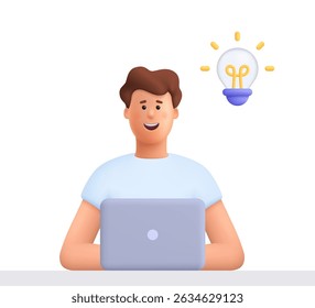 Jovem homem sorridente James trabalhando no computador portátil e tendo uma ideia. Trabalho freelance, criatividade, inovação e conceito de ideias de negócios. personagem de pessoas vetoriais 3d. Estilo mínimo de desenho animado.